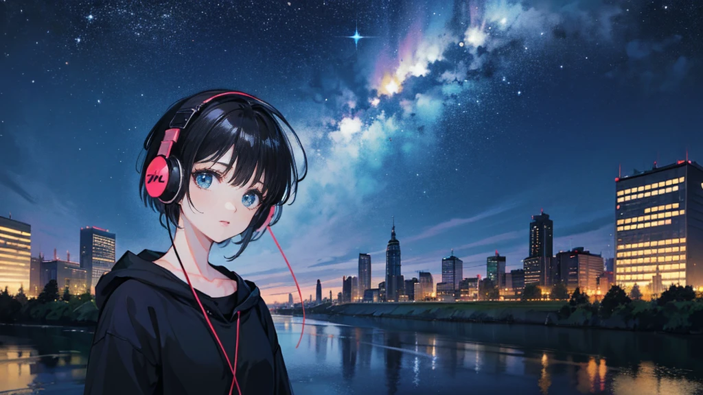 Black short Hair, Black Clothing, One Adult Woman Looking Sideways ,Blue headphones、 City of night, Delicate background、Masterpiece、Night Town、night、dark、Nostalgic、Country Road、Fantastic starry sky