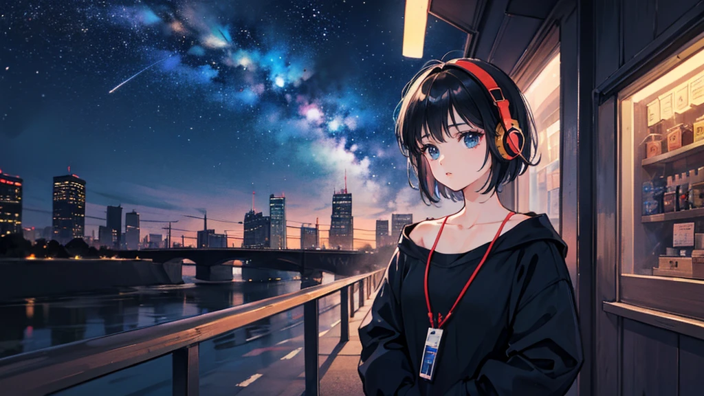Black short Hair, Black Clothing, One Adult Woman Looking Sideways ,Blue headphones、 City of night, Delicate background、Masterpiece、Night Town、night、dark、Nostalgic、Country Road、Fantastic starry sky
