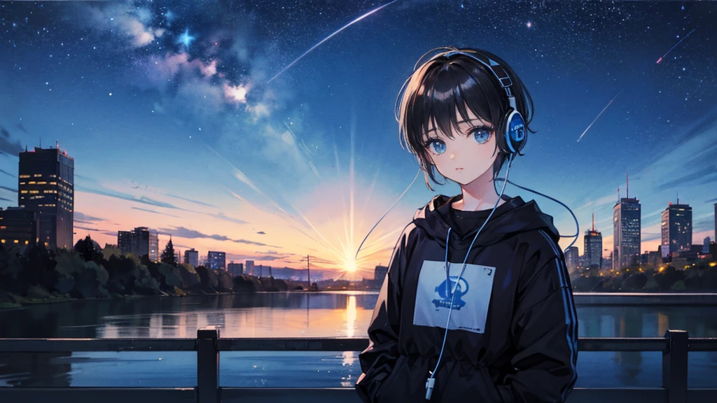 Black short Hair, Black Clothing, One Adult Woman Looking Sideways ,Blue headphones、 City of night, Delicate background、Masterpiece、Night Town、night、dark、Nostalgic、Country Road、Fantastic starry sky