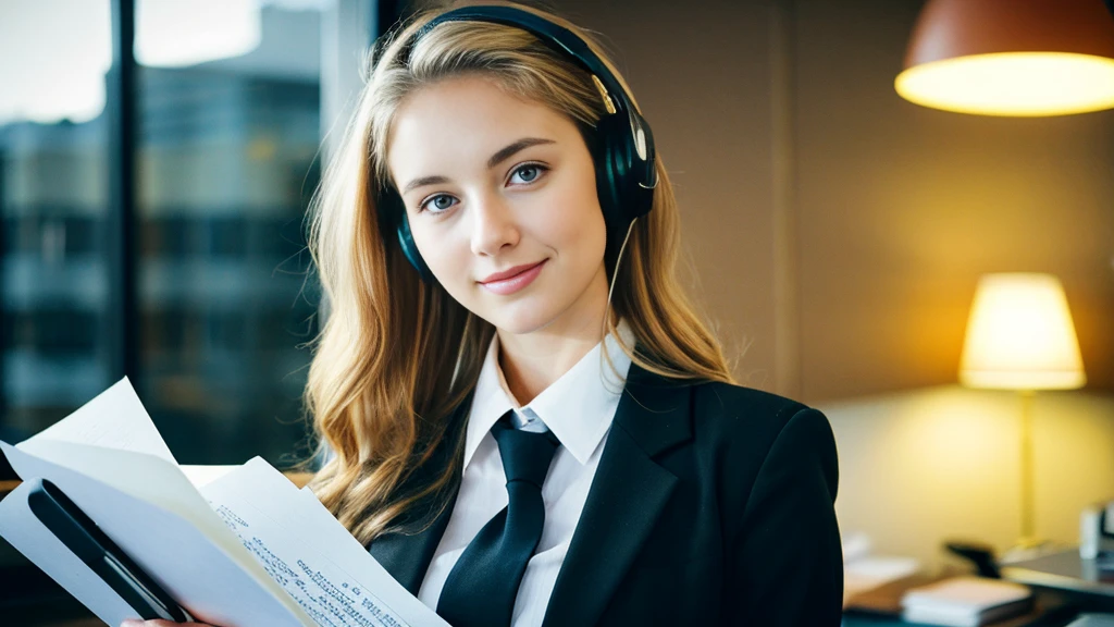 Beautiful blonde with big breasts in a black suit (Holding documents in the office late at night),Wearing headphones,Very detailed, 21 years old, Innocent face, Naturally Wavy Hair, blue eyes, High resolution, masterpiece, Highest quality, Intricate details, Very detailed, Clear focus, Delicate skin, practical skin texture, texture, Delicate eyes, Professional, 4K, Cute Smile, Shot with Canon, 85mm, Shallow and deep,  Kodak Vision Color, Exactly, Very detailed, photograph_\(Extremist\), photographpractical, practical, Post-processing, Maximum details, Roughness, Real Life, Extremist practical, Photorealism, photographgraphy, 8K Ultra HD, photographgraphy