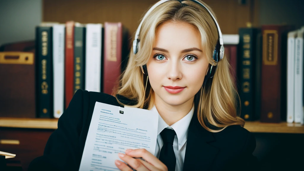 Beautiful blonde with big breasts in a black suit (Holding documents in the office late at night),Wearing headphones,Very detailed, 21 years old, Innocent face, Naturally Wavy Hair, blue eyes, High resolution, masterpiece, Highest quality, Intricate details, Very detailed, Clear focus, Delicate skin, practical skin texture, texture, Delicate eyes, Professional, 4K, Cute Smile, Shot with Canon, 85mm, Shallow and deep, Kodak Vision Color, Exactly, Very detailed, photograph_\(Extremist\), photographpractical, practical, Post-processing, Maximum details, Roughness, Real Life, Extremist practical, Photorealism, photographgraphy, 8K Ultra HD, photographgraphy