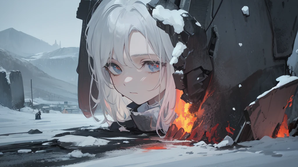 masterpiece:1.2), best quality , 独奏 ,pixiv, anime girl ,long straight white hair , black eyes ,Wearing off-white camouflage uniform ,ten years old,battlefield,(Eyes looking into the distance:1.3),(look away:1.5),snowy weather,dirty face,The background is a gray cement floor with drifting snow.,blood on forehead,dirty face,Backlight,Bare rocky peaks , Scrap metal on the snow,The expression is sad