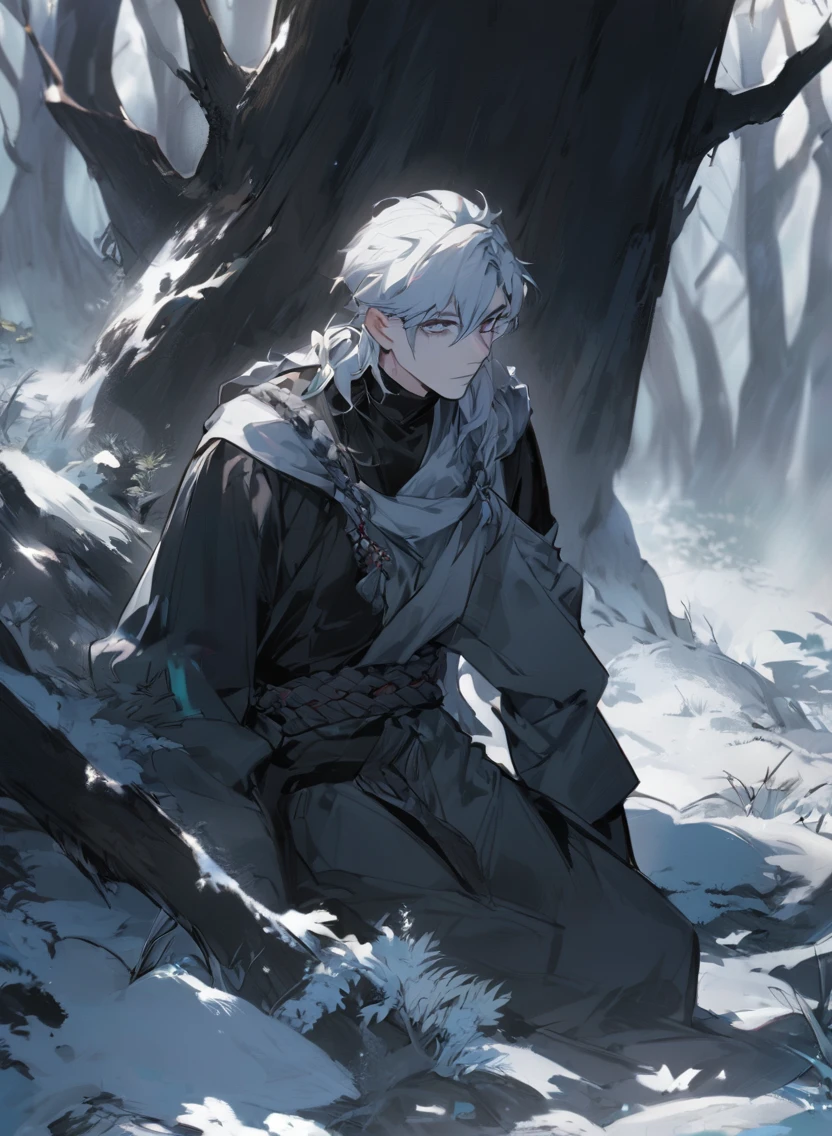 young man ,Male Dark, dark Woods, cold colors, white eye, monk dnd
