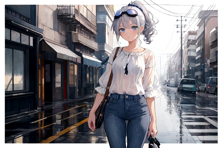 An exquisite masterpiece, Highest quality, Illustration Style, Anime girl with curly ponytail, Beautiful Eyes, summer, Windblown white short-sleeved hem, jeans, Blue-violet gradient goggles, small, Heartwarming, Young and beautiful, Brave and cheeky, Black and White Matching, Gray Hair, Expressing a natural casual style. Dynamic posture contains the golden ratio, Large aperture portrait, blank, Strong contrast of light and shadow, Super Texture, Very clear and concise image, very beautiful, elegant temperament, Delicate expression, Urban Background, Wet day, Water reflection of road area