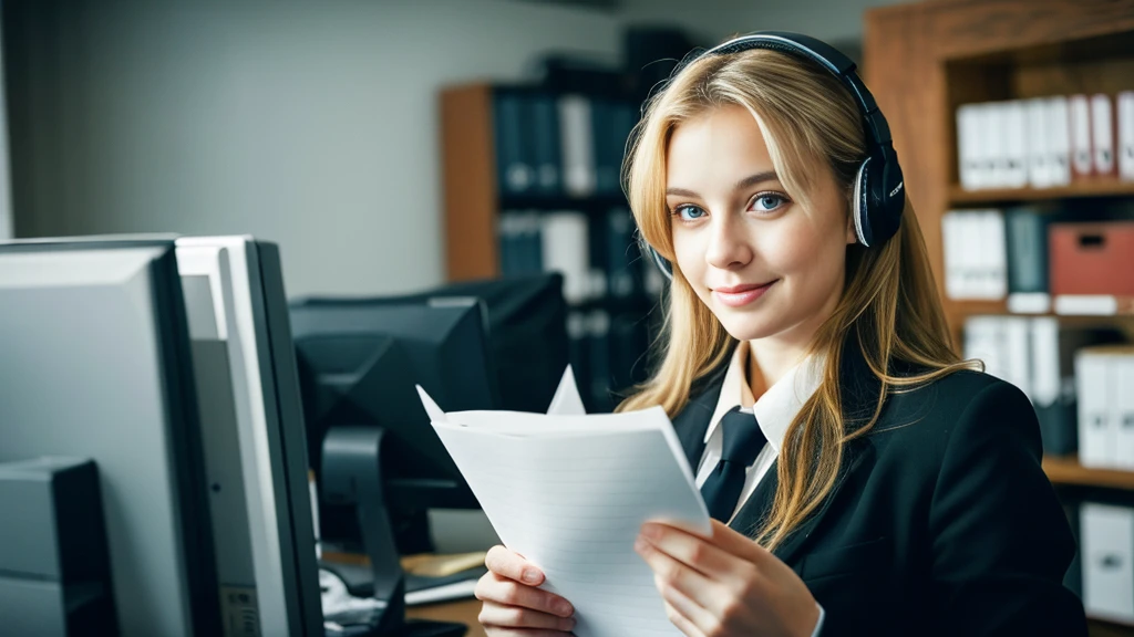 Beautiful blonde with big breasts in a black suit (Holding documents in the office late at night),Wearing headphones,Very detailed, 21 years old, Innocent face, Naturally Wavy Hair, blue eyes, High resolution, masterpiece, Highest quality, Intricate details, Very detailed, Clear focus, Delicate skin, practical skin texture, texture, Delicate eyes, Professional, 4K, Cute Smile, Shot with Canon, 85mm, Shallow and deep,  Kodak Vision Color, Exactly, Very detailed, photograph_\(Extremist\), photographpractical, practical, Post-processing, Maximum details, Roughness, Real Life, Extremist practical, Photorealism, photographgraphy, 8K Ultra HD, photographgraphy