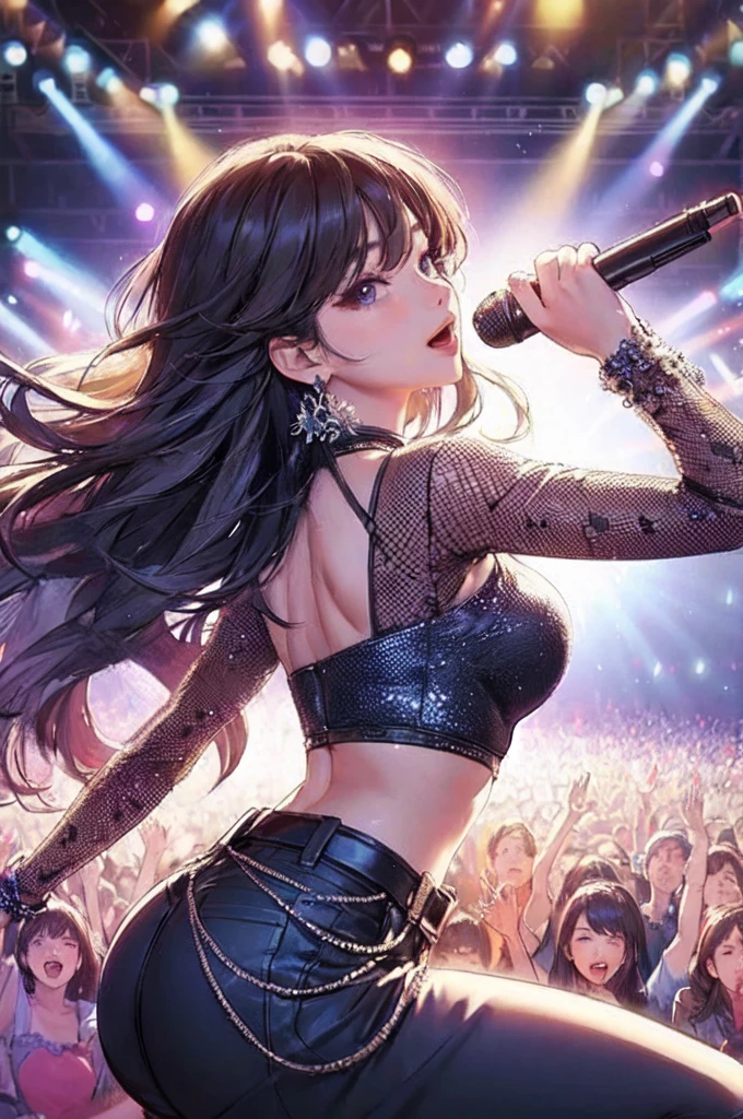 1lady solo, K-POP artist, (singing:1.2) (dynamic posing:1.2), (stylish outfit), mature female, /(blonde hair/) bangs, light smile,blue eyes (masterpiece best quality:1.2) delicate illustration ultra-detailed, large breasts BREAK (holding a microphone) (back of hand:1.2) BREAK (music stage) indoors, various colored spotlight, audience