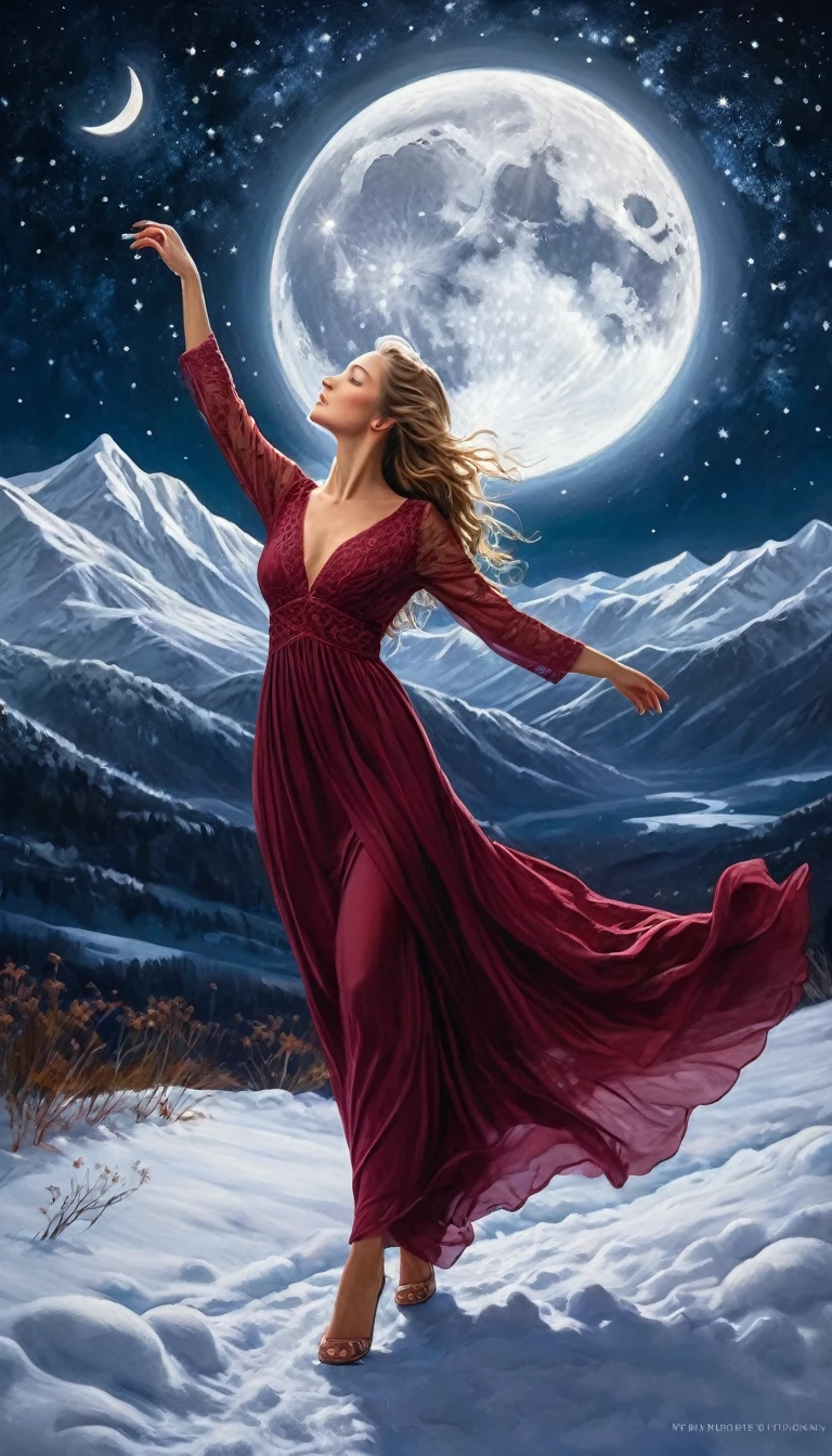 Gracefully dancing nymph, "Claire Foran wine long dress", Night walk, Night sky with the moon shining above the snowy mountains The stars are beautiful