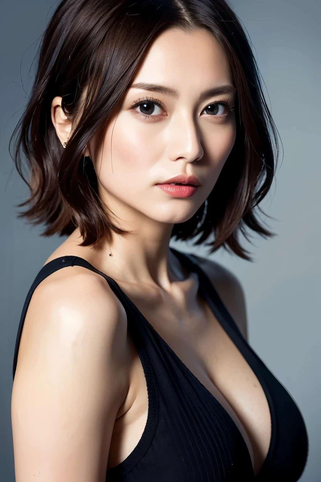 Beautiful Japanese Women, 1 person, Very cute and slim, Excellent style, 8K images, super high quality, Very delicate face, Ultra-detailed skin textures, Red lipstick, short hair, straggling hair, Gradient Hair, Ultra-detailed eyes and nose, Sharp Eyes, Simple Background, Looking at the audience, Upper Body Shot, Cleavage, V-neck light knit