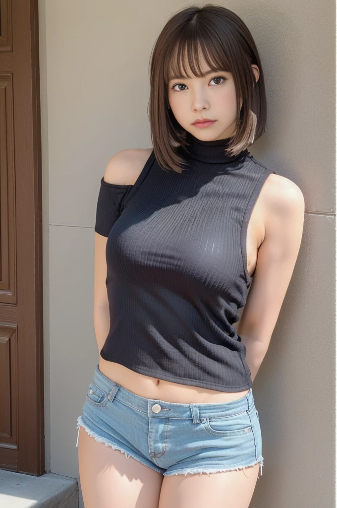 Picture taken from the front, with the left and right sides equally spaced, equally spaced left and right, cowboy shot, (arms behind back:1.5), One girl, very short hair, camisole, shorts