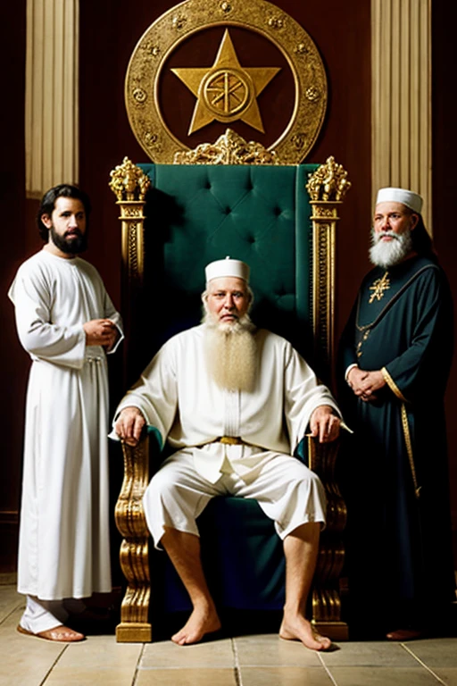 Create me a picture about the Trinity of God, Very old father god with white beard sitting on his throne, God son, and God Holy Spirit standing