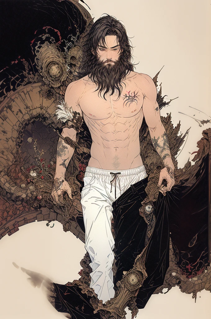 best quality,masterpiece,Ultra-high resolution,1 person,Lie down,looking at the audience,one,Yamamoto Takashi style,
simple background,White_background,Machinery Division，Exoskeleton，Cold-blooded bearded man，white skin, toughboy style, Shirtless,trousers, muscle, tattoo