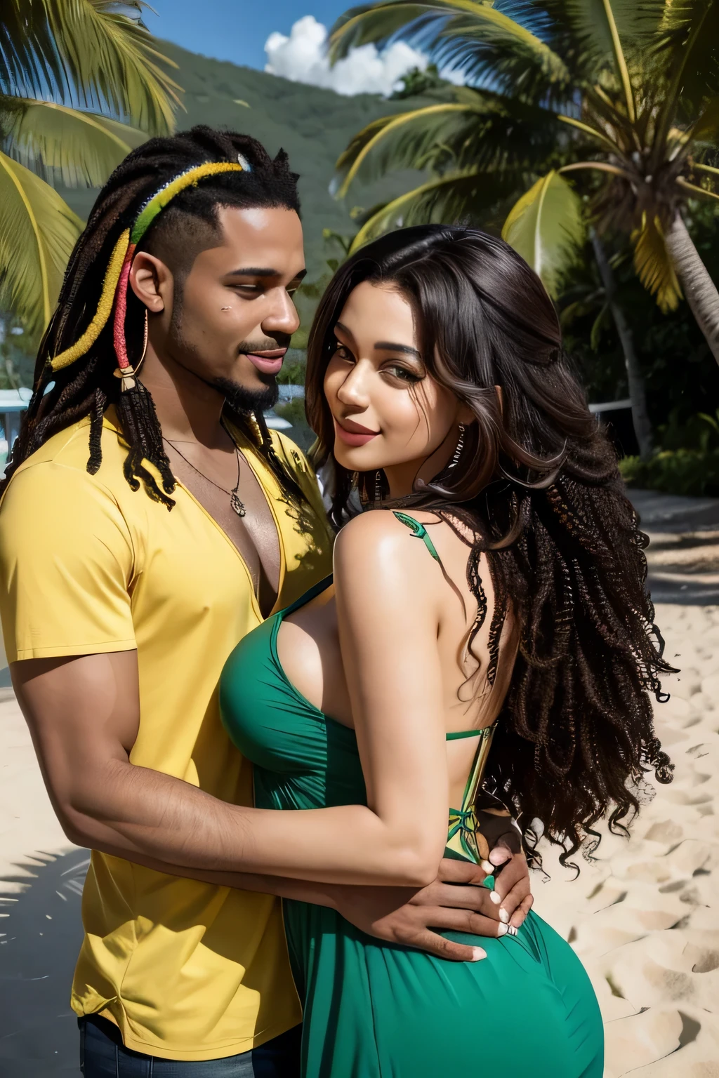 a Brazilian man in reggae style with a brunette Jamaican woman, long and curly hair, greeneyes, low cut dress, The two are embracing, jamaica scenery