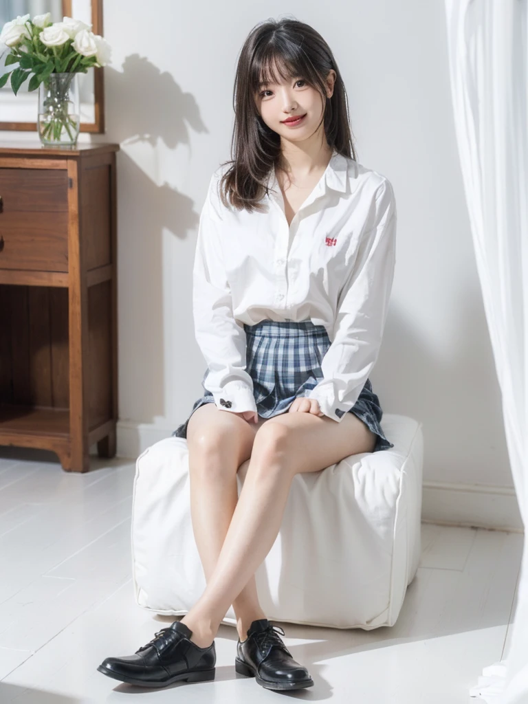 (RAW Photos:1.2), (Photo - Real，:1.4), Highly detailed eyes and face, Beautiful attention to detail,  Light on the face、(Sit with your knees bent))、bangs、Enlarge your eyes、Eyelashes、cute、very cute、(Highest quality:1.9)、(High resolution)、Live-action image quality、((18-year-old high school girl、1 person))、Soft lighting by a professional photographer、Natural light、((Very spacious white luxurious room:1.6))、((Bright white room:1.6))、(Sitting on a very luxurious white bed:1.2)、(White Bookcase:1.1)、Natural soft light、((Brown hair color:1.1))、Fair skin、Detailed Eyes、double eyelid、Slightly puffy cheeks、((Small Face:1.0))、 ((Japanese high school girls uniform:1.5)),((Pink long sleeve buttoned shirt、Please wear it with the chest open.:1.1))、((Gray checkered uniform miniskirt))、Live-action image quality、E cup bust、Cleavage、(smile)、((Girly pose 1.8))、((Full Body Shot:1.2))、((Height: 150cm))、Hands in front、Hide your hands between your legs、The shirt buttons are white