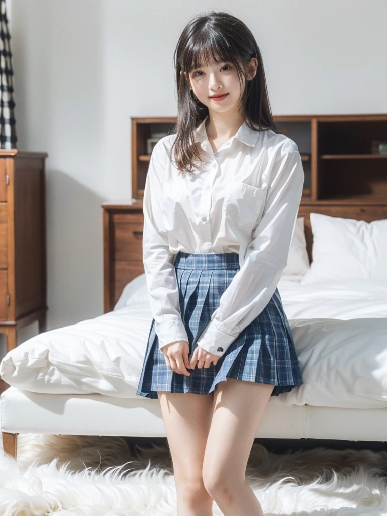 (RAW Photos:1.2), (Photo - Real,:1.4), Highly detailed eyes and face, Beautiful attention to detail, Light on the face、(Sit with your knees bent))、bangs、Enlarge your eyes、Eyelashes、cute、very cute、(Highest quality:1.9)、(High resolution)、Live-action image quality、((18-year-old high school girl、1 person))、Soft lighting by a professional photographer、Natural light、((Very spacious white luxurious room:1.6))、((Bright white room:1.6))、(Sitting on a very luxurious white bed:1.2)、(White Bookcase:1.1)、Natural soft light、((Brown hair color:1.1))、Fair skin、Detailed Eyes、double eyelid、Slightly puffy cheeks、((Small Face:1.0))、 ((Japanese high school girls uniform:1.5)),((Pink long sleeve buttoned shirt、Please wear it with the chest open.:1.1))、((Gray checkered uniform miniskirt))、Live-action image quality、E cup bust、Cleavage、(smile)、((Girly pose 1.8))、((Full Body Shot:1.2))、((Height: 150cm))、Hands in front、Hide your hands ween your legs、The shirt buttons are white