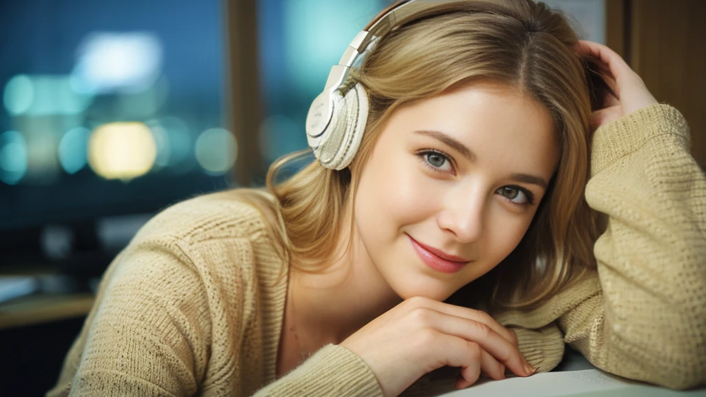 Beautiful blonde with large breasts in a beige suit (Taking a break in the office late at night),Wearing headphones,Very detailed, 21 years old, Innocent face, Naturally Wavy Hair, blue eyes, High resolution, masterpiece, Highest quality, Intricate details, Very detailed, Clear focus, Delicate skin, practical skin texture, texture, Delicate eyes, Professional, 4K, Cute Smile, Shot with Canon, 85mm, Shallow and deep, Kodak Vision Color, Exactly, Very detailed, photograph_\(Extremist\), photographpractical, practical, Post-processing, Maximum details, Roughness, Real Life, Extremist practical, Photorealism, photographgraphy, 8K Ultra HD, photographgraphy
