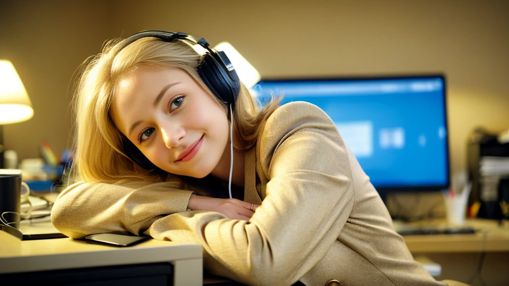 Beautiful blonde with large breasts in a beige suit (Taking a break in the office late at night),Wearing headphones,Very detailed, 21 years old, Innocent face, Naturally Wavy Hair, blue eyes, High resolution, masterpiece, Highest quality, Intricate details, Very detailed, Clear focus, Delicate skin, practical skin texture, texture, Delicate eyes, Professional, 4K, Cute Smile, Shot with Canon, 85mm, Shallow and deep, Kodak Vision Color, Exactly, Very detailed, photograph_\(Extremist\), photographpractical, practical, Post-processing, Maximum details, Roughness, Real Life, Extremist practical, Photorealism, photographgraphy, 8K Ultra HD, photographgraphy