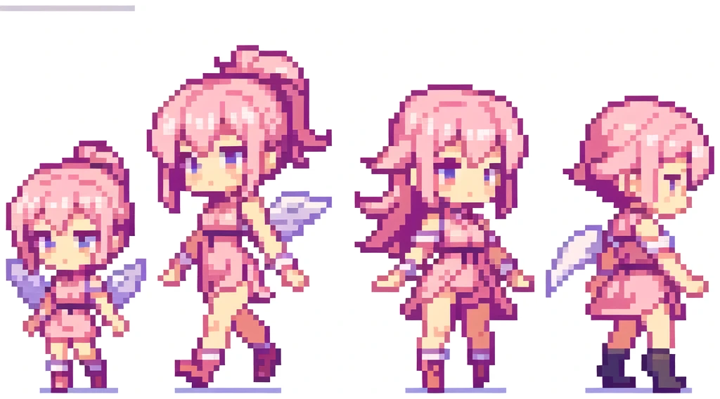 masterpiece , best quality , pixel , pixel art , xiangsu , xiang su , sequence frames , side , oblique view , 1 girl , fantasy clothes , full body , white background , heroine , deformed , sexy , chibi , Highly Exposed , angel , pink clothes , pink hair , the very same person is walking , walking frame