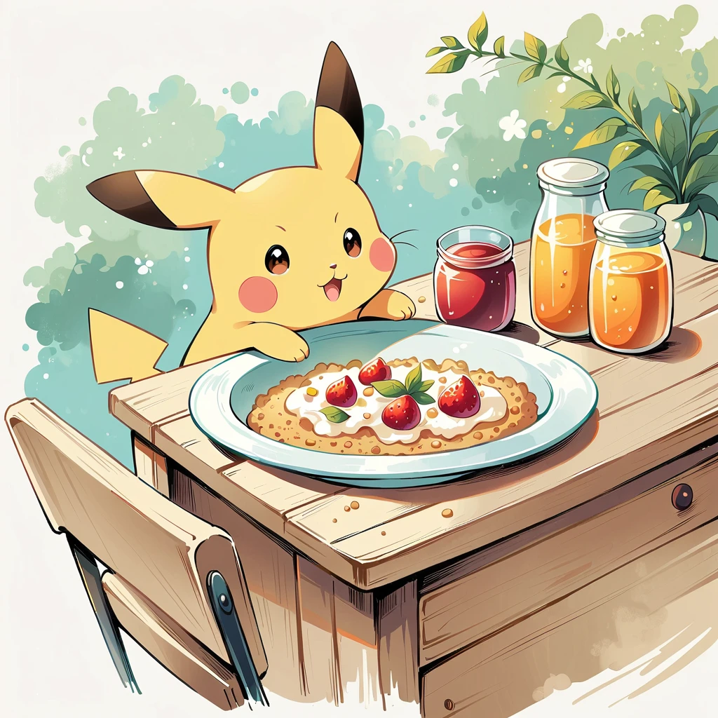 cute illustration of Pikachu having breakfast. Pikachu should be sitting at a kitchen table, enjoying a bowl of cereal with milk. Include elements like a toaster, a jar of jam, and a cup of orange juice on the table. The scene should be bright and cheerful, capturing the simplicity and joy of a morning meal.