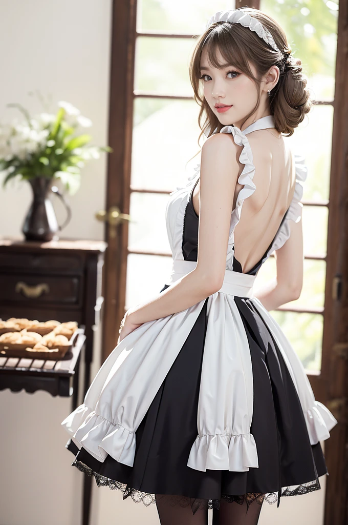 (((best quality))),(((ultra detailed))),(((masterpiece))),illustration,1girl,maid cafe,stunningly beautiful,slim,medium straight bob hair,bare back,towering hips,butt crack,deep captivating eyes,maid costume,see through lace apron,short hemline,bare arms,arms behind back,thighs,slender legs,pantyhose,graceful movements,confident charm,warm genuine smile,France cafe,delicious coffee pastries,warm inviting atmosphere,joyful eyes,Coffee Machine,upper body,from back