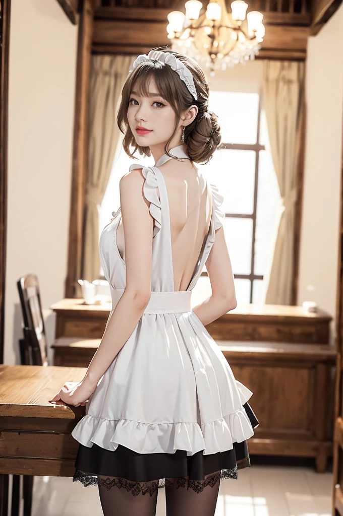 (((best quality))),(((ultra detailed))),(((masterpiece))),illustration,1girl,maid cafe,stunningly beautiful,slim,medium straight bob hair,bare back,towering hips,butt crack,deep captivating eyes,maid costume,see through lace apron,short hemline,bare arms,arms behind back,thighs,slender legs,pantyhose,graceful movements,confident charm,warm genuine smile,France cafe,delicious coffee pastries,warm inviting atmosphere,joyful eyes,Coffee Machine,upper body,from back