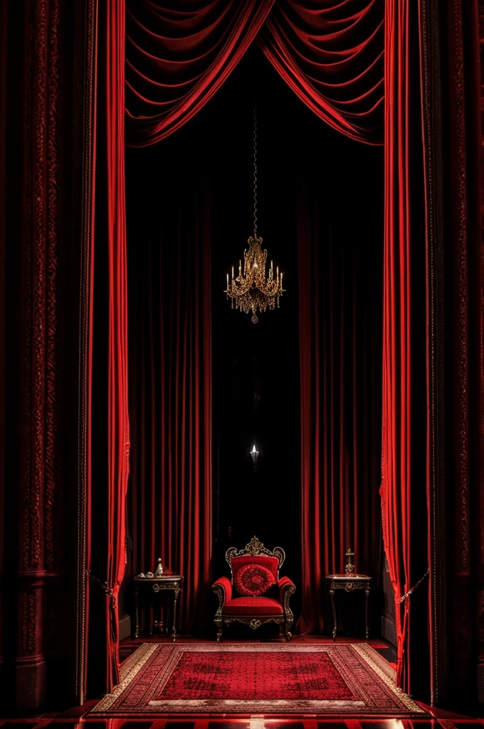 royal throne room, window with moonlight, Red curtains, ((evening)), Gothic style, ((dark colors)), terror, vivid colors, floor like chess board