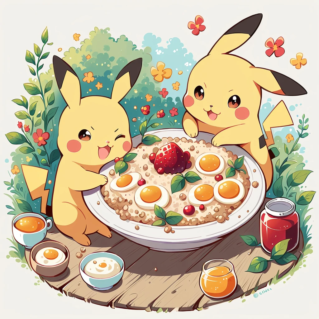 cute illustration of Pikachu having breakfast. Pikachu should be sitting at a kitchen table, enjoying a bowl of cereal with milk. Include elements like a toaster, a jar of jam, and a cup of orange juice on the table. The scene should be bright and cheerful, capturing the simplicity and joy of a morning meal.