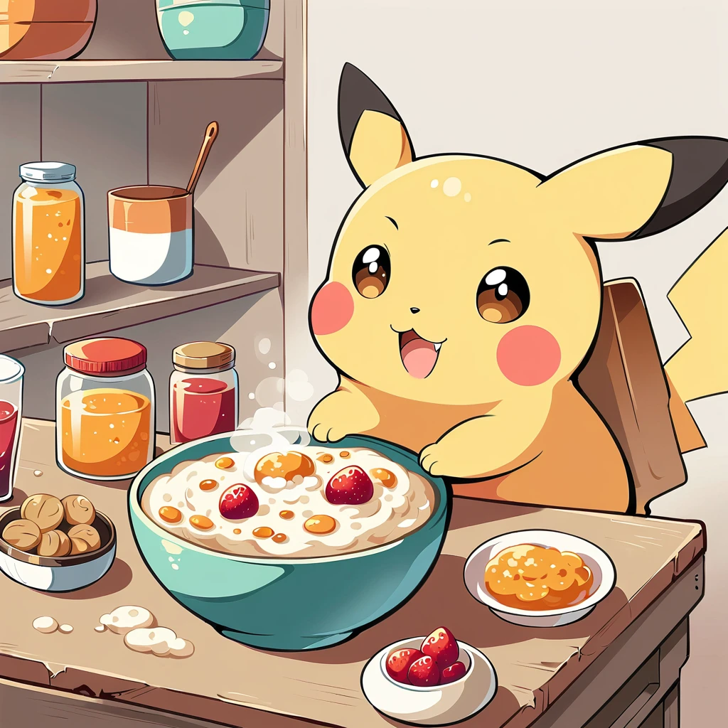 cute illustration of Pikachu having breakfast. Pikachu should be sitting at a kitchen table, enjoying a bowl of cereal with milk. Include elements like a toaster, a jar of jam, and a cup of orange juice on the table. The scene should be bright and cheerful, capturing the simplicity and joy of a morning meal.