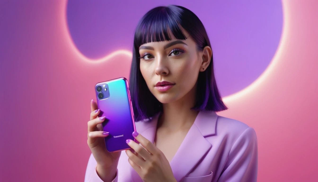 smartphone in her hand, blackhair female hands holding dildo to her face, that is glowing with pink and purple colours, dripping wet, closeup macro photo, minimalistic, in a light purple and pink style, with soft edges and blurred details, in the toycore style, with a 3D render, on a colorful background, with a minimalist stage design, in a surreal style, with a cinema4D rendering, with a minimalist style, with low saturation, using gradient colors, with a cinema4D rendering, with a blender rendering, with super detail, at a super high resolution, at a super high definition
