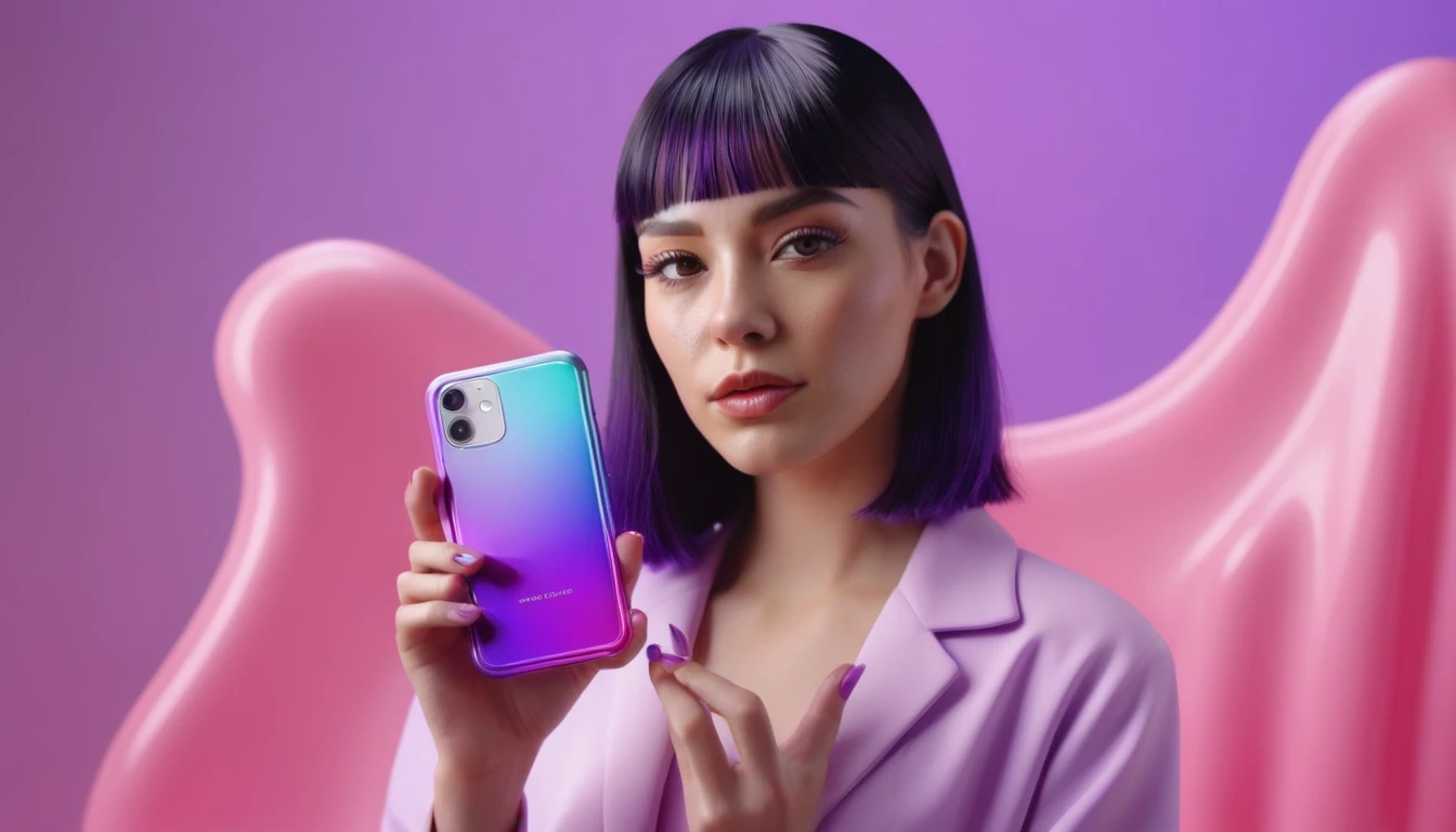 smartphone in her hand, blackhair female hands holding dildo to her face, that is glowing with pink and purple colours, dripping wet, closeup macro photo, minimalistic, in a light purple and pink style, with soft edges and blurred details, in the toycore style, with a 3D render, on a colorful background, with a minimalist stage design, in a surreal style, with a cinema4D rendering, with a minimalist style, with low saturation, using gradient colors, with a cinema4D rendering, with a blender rendering, with super detail, at a super high resolution, at a super high definition
