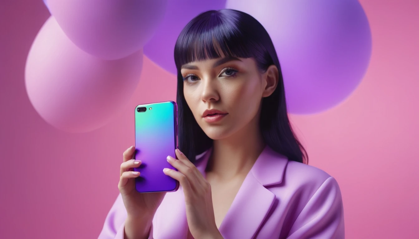 smartphone in her hand, blackhair female hands holding dildo to her face, that is glowing with pink and purple colours, dripping wet, closeup macro photo, minimalistic, in a light purple and pink style, with soft edges and blurred details, in the toycore style, with a 3D render, on a colorful background, with a minimalist stage design, in a surreal style, with a cinema4D rendering, with a minimalist style, with low saturation, using gradient colors, with a cinema4D rendering, with a blender rendering, with super detail, at a super high resolution, at a super high definition
