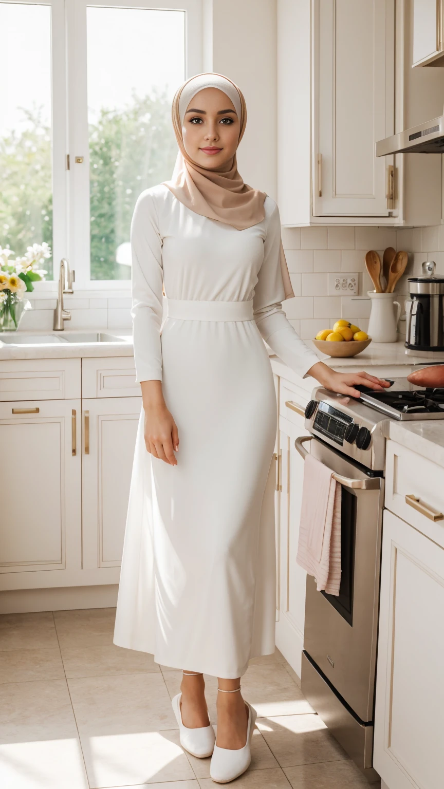 RAW, Best quality, high resolution, (masterpiece: 1.3), cute woman, Masterpiece, cute face, bright skin, fair skin, cute eyes, light make up, standing in a kitchen, feminine gesture, serene expression, body facing viewer, looking to viewer, wearing perfect hijab, white muslim dress, pretty dress, white slippers, beautiful in cute pastel shades, at noon, Great lighting, great sunlight, Bright colors, Ultra realistic clean lines, very realistic
