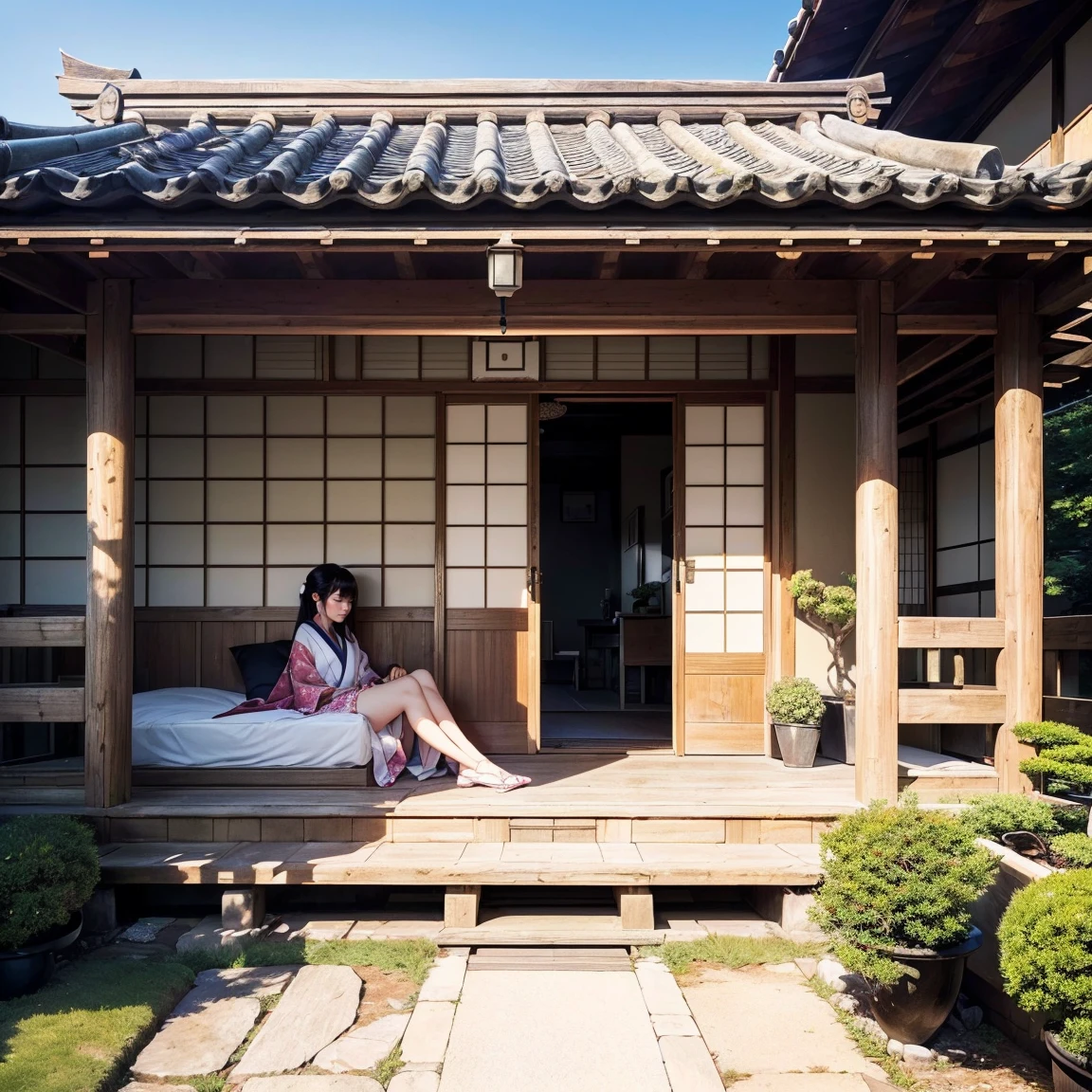 ((最high quality, 8K, masterpiece: 1.3, Ultra HD, high quality, 最high quality, High resolution, realism)) 、Veranda of a Japanese house in the countryside of Japan、A courtyard spreads out in front of the railingless balcony、Beautiful Japanese woman sleeping on the balcony with her legs out in the courtyard、