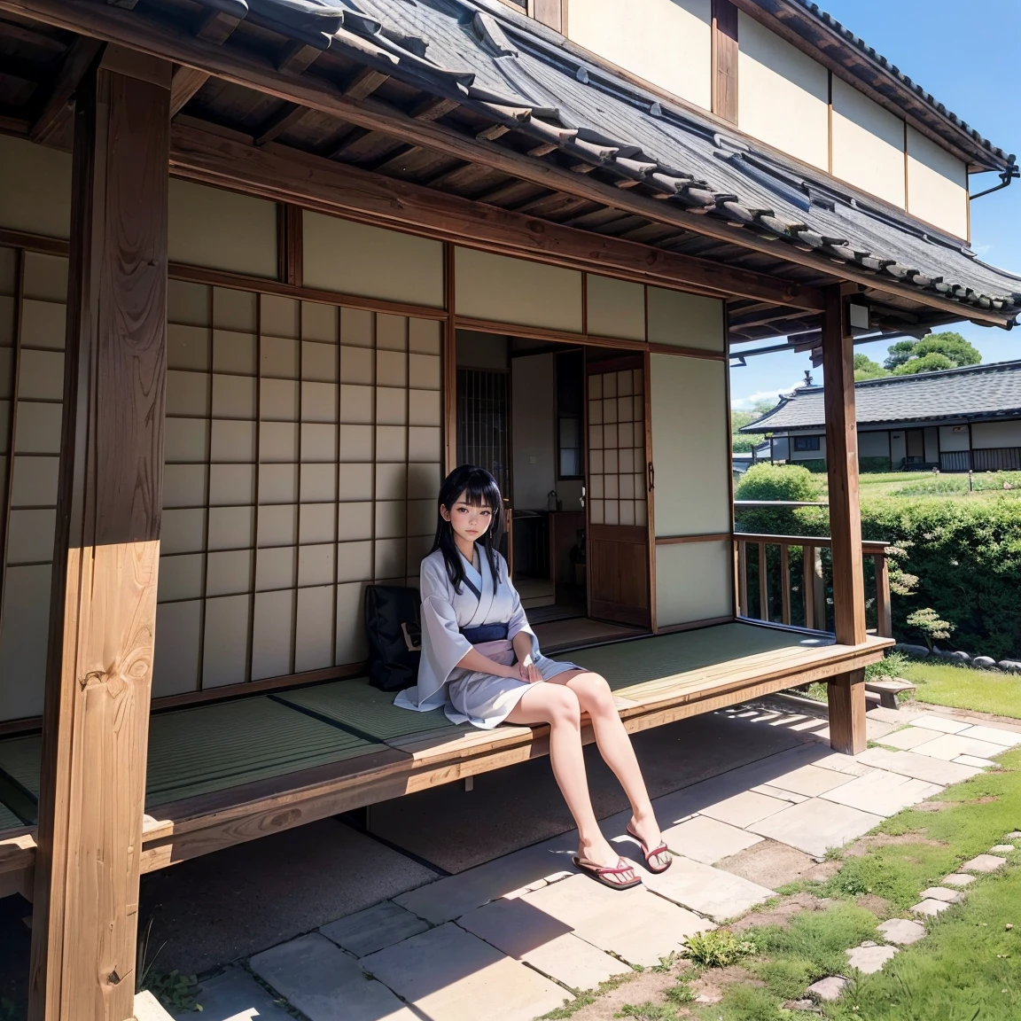 ((最high quality, 8K, masterpiece: 1.3, Ultra HD, high quality, 最high quality, High resolution, realism)) 、Veranda of a Japanese house in the countryside of Japan、A courtyard spreads out in front of the railingless balcony、Beautiful Japanese woman sleeping on the balcony with her legs out in the courtyard、