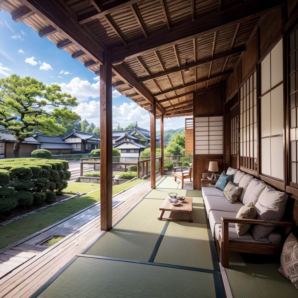 ((最high quality, 8K, masterpiece: 1.3, Ultra HD, high quality, 最high quality, High resolution, realism)) 、Veranda of a Japanese house in the countryside of Japan、A courtyard spreads out in front of the railingless balcony、Beautiful Japanese woman sleeping on the balcony with her legs out in the courtyard、