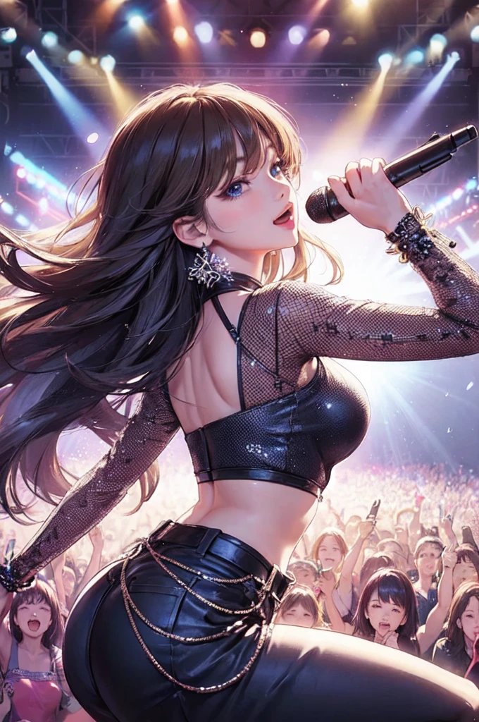 1lady solo, K-POP artist, (singing:1.2) (dynamic posing:1.2), (stylish outfit), mature female, /(blonde hair/) bangs, light smile,blue eyes (masterpiece best quality:1.2) delicate illustration ultra-detailed, large breasts BREAK (holding a microphone) (back of hand:1.2) BREAK (music stage) indoors, various colored spotlight, audience