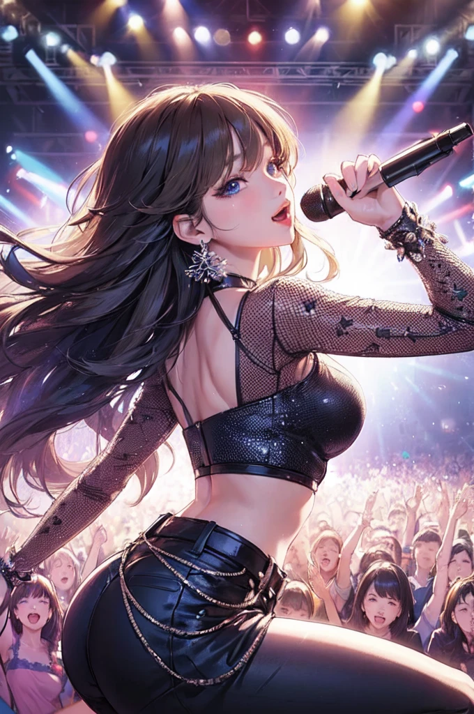 1lady solo, K-POP artist, (singing:1.2) (dynamic posing:1.2), (stylish outfit), mature female, /(blonde hair/) bangs, light smile,blue eyes (masterpiece best quality:1.2) delicate illustration ultra-detailed, large breasts BREAK (holding a microphone) (back of hand:1.2) BREAK (music stage) indoors, various colored spotlight, audience