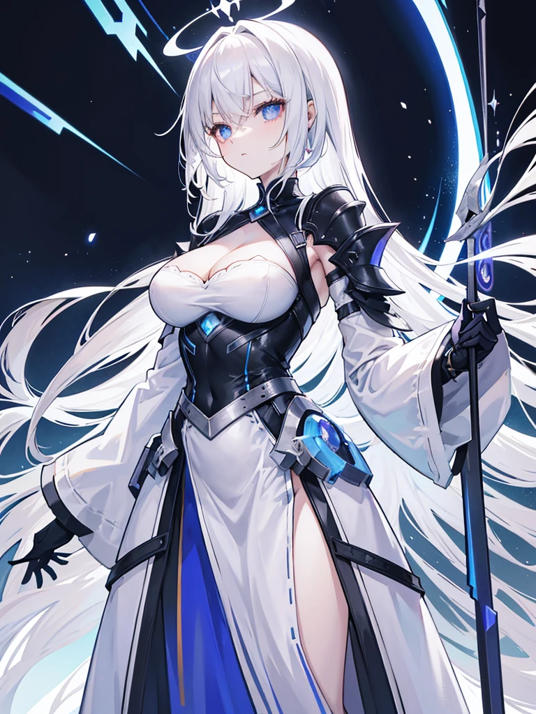 a young woman with shoulder-length, wispy white hair that gently frames her face, giving her a soft, ethereal appearance. Her eyes are a striking lavender, conveying a sense of mystery and depth. She wears a layered outfit consisting of a long white dress with a subtle shimmer, suggesting a silky texture, and a hint of a dark, form-fitting bodice peeking through the neckline and . Over this, she has a large, open-fronted coat with oversized sleeves, the coat's interior and cuffs are adorned with pale blue accents and silver trim, giving a regal and slightly otherworldly effect. She carries a large, black weapon slung over her shoulder; the weapon has a futuristic design with a sleek profile, suggesting advanced technology or magic. Her overall demeanor is confident yet approachable, and she stands straight, her posture commanding but not aggressive. The background should be a neutral gradient to keep the focus on her, evoking a sense of calm and stillness." 8K Ultrasharp