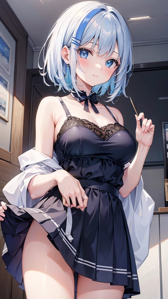 beautiful, masterpiece, Highest quality, anime, One girl, C Cup,Portrait Shot, View your viewers, Covered、Short Hair、nearby、Blue Eyes、art、、White hair,Blue streaked hair、wallpaper、hairpin、Cute smile、Thighs、Cute、オフショルダー bra、ミニスカート