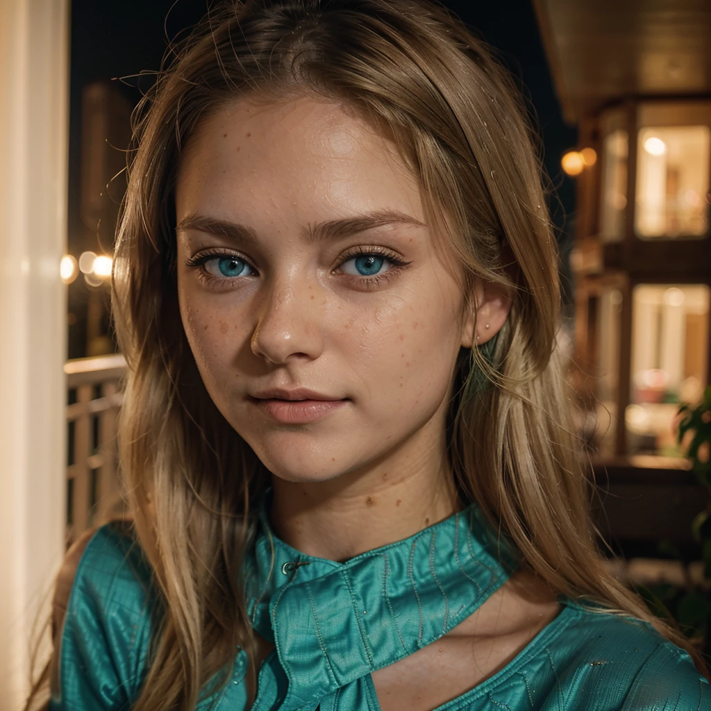 Beautiful white skin woman aged 20, long blond hair, green blue eyes, breasts ((85C)), thin face, small freckle, eyeline, mascara, slight smile, ((Lauren Burch)), ((sexy red outfit)), 4k, Ultra high resolution, ((Hyperrealism)), LUT from Instagram, Cinematic light, masterpiece, best quality, ultra-detailed, contrast, clear sky, on a balcony, at night, analog style (look at viewer:1.2) (skin texture) (film grain:1.0), (warm hue, warm tone)