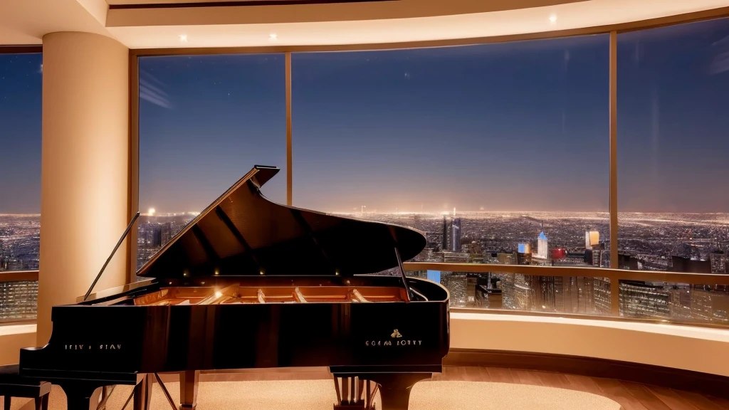 The very high skyscraper hotel has cozy candles and a piano, and outside the large window you can see the mysterious and beautiful sky with starlight pouring in and the night view of the city (4k) Realistic, (large depth of field effect), (focus on the subject), highlighting foreground elements, clear focus ,