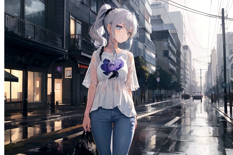 An exquisite masterpiece, Highest quality, Illustration Style, Anime girl with curly ponytail, Beautiful Eyes, summer, Windblown white short-sleeved hem, jeans, Blue-violet gradient goggles, small, Heartwarming, Young and beautiful, Brave and cheeky, Black and White Matching, Gray Hair, Expressing a natural casual style. Dynamic posture contains the golden ratio, Large aperture portrait, blank, Strong contrast of light and shadow, Super Texture, Very clear and concise image, very beautiful, elegant temperament, Delicate expression, Urban Background, Wet day, Water reflection of road area