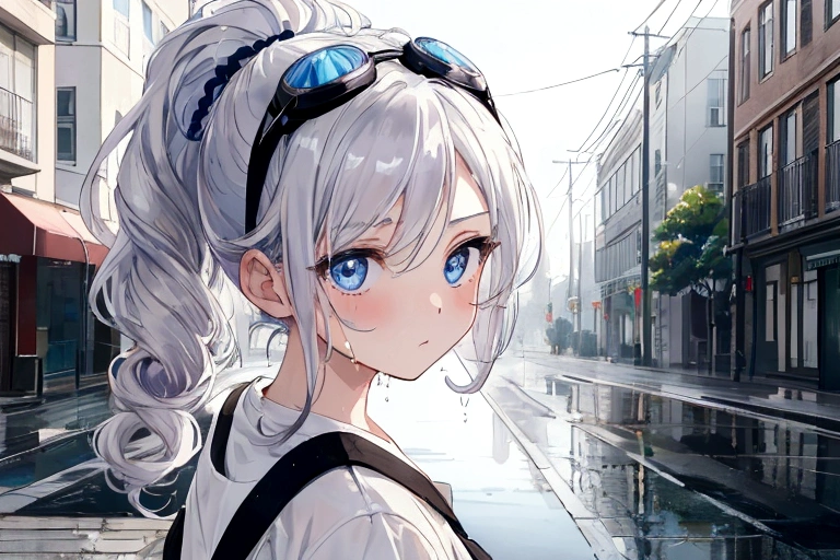 An exquisite masterpiece, Highest quality, Illustration Style, Anime girl with curly ponytail, Beautiful Eyes, summer, Windblown white short-sleeved hem, jeans, Blue-violet gradient goggles, small, Heartwarming, Young and beautiful, Brave and cheeky, Black and White Matching, Gray Hair, Expressing a natural casual style. Dynamic posture contains the golden ratio, Large aperture portrait, blank, Strong contrast of light and shadow, Super Texture, Very clear and concise image, very beautiful, elegant temperament, Delicate expression, Urban Background, Wet day, Water reflection of road area