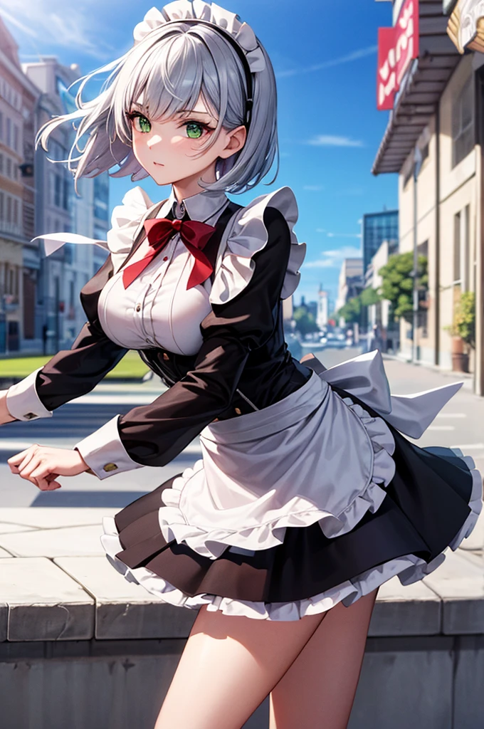 masterpiece, Highest quality, figure, Fighting Pose, One girl, Noel Genshin Impact, Silver short hair, Green Eyes, Maid skirt with red side parts, Maid Knight, Maid Knight armor, City Bridge, water,