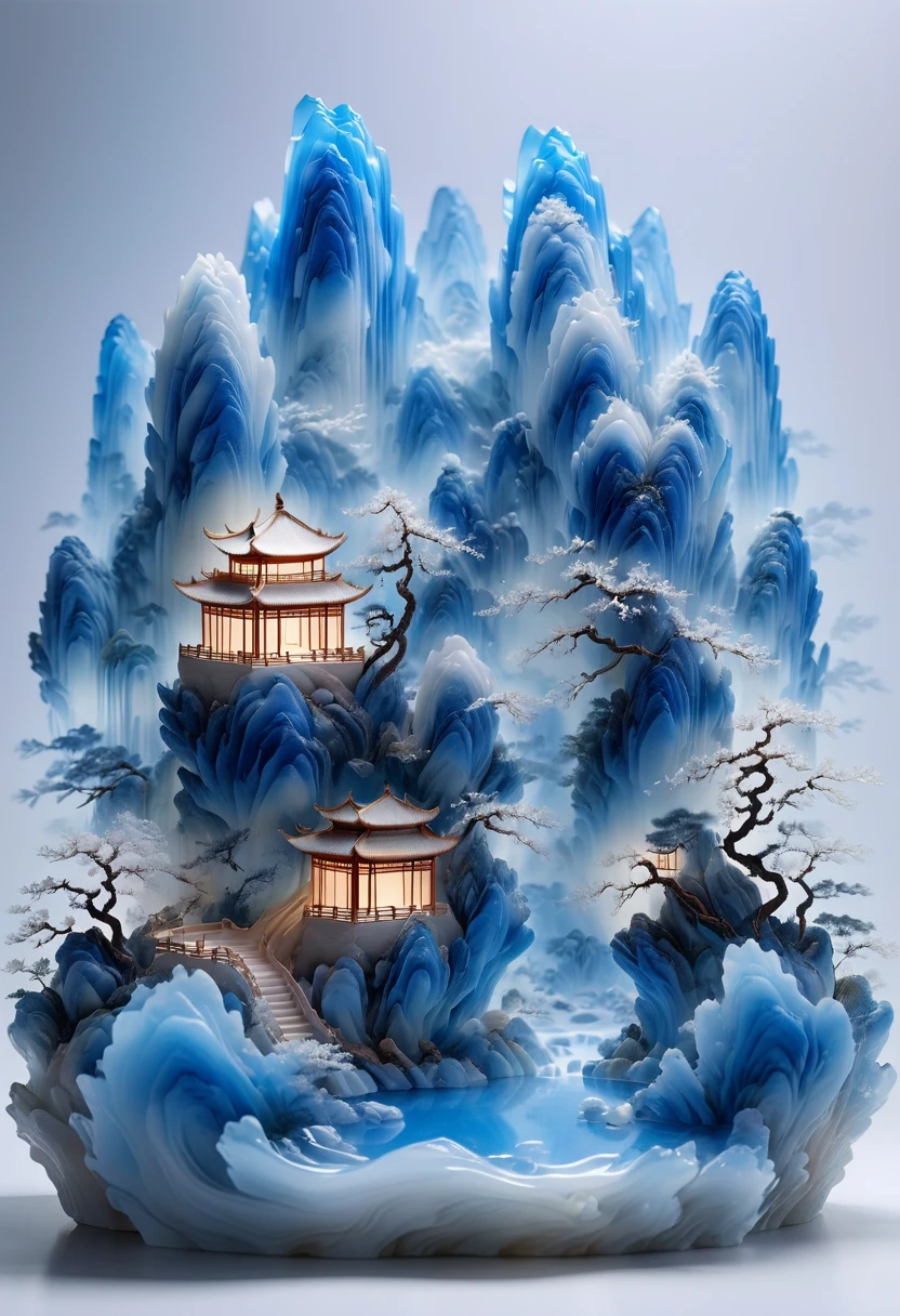 A micro landscape design is carved on the top of the portrait，Translucent glass material,Blue-white gradient,Traditional Chinese landscape painting,Abstract shapes,Minimalism,Cave，,3d