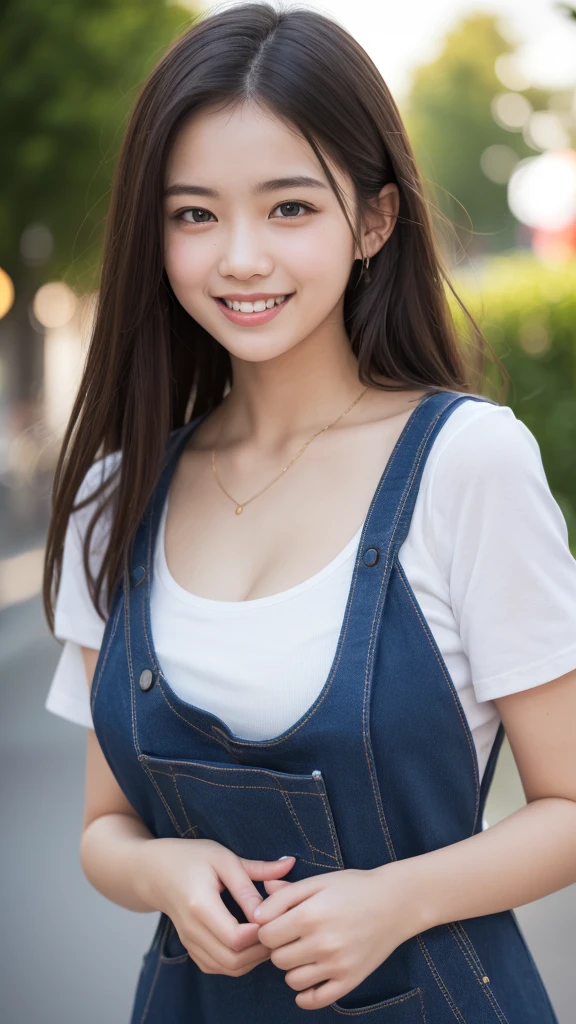 masterpiece, Best Quality, 8K, 10yaers old, Teen, Raw photo, absurderes, award winning portrait, Smile, Solo, Idol face, violaceaess, Delicate girl, Upper body, Digital SLR, Looking at Viewer, Candid, Sophisticated,Thin arms, Professional Lighting, Film grain, chromatic abberation, (Eyes and faces with detailed:1.0), (Bokeh:1.1) , (pinafore:1.1) ,standing,((leaning forward ,big breast,cleavege )),happy,light smile