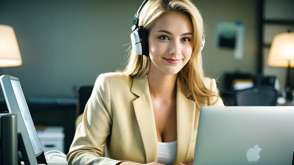 Beautiful blonde with large breasts in a beige suit (Taking a break in the office late at night),Wearing headphones,Very detailed, 21 years old, Innocent face, Naturally Wavy Hair, blue eyes, High resolution, masterpiece, Highest quality, Intricate details, Very detailed, Clear focus, Delicate skin, practical skin texture, texture, Delicate eyes, Professional, 4K, Cute Smile, Shot with Canon, 85mm, Shallow and deep, Kodak Vision Color, Exactly, Very detailed, photograph_\(Extremist\), photographpractical, practical, Post-processing, Maximum details, Roughness, Real Life, Extremist practical, Photorealism, photographgraphy, 8K Ultra HD, photographgraphy