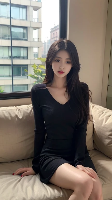 1 Girl,Sit on a comfortable sofa,Soft Light,Chinese Beauty, dress,Dark-haired,Length of hair