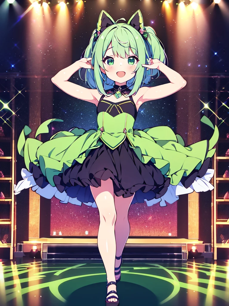 Vtuber Beautiful great quality 8k very detailed perfect anatomy a girl dressed in green and black dancing on a stage, a hologram inspired by Puru, trend on pixiv, tachisme, holoviva, Live2D Virtual Youtuber Model, mikudayo, my dress anime darling, dancing in the background, anime moe art style, pose(Arms up + happy), rena noun style 3/4