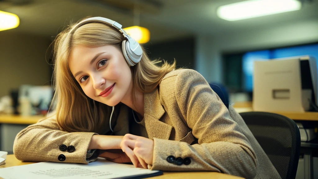 Beautiful blonde with large breasts in a beige suit (Taking a break in the office late at night),Wearing headphones,Very detailed, 21 years old, Innocent face, Naturally Wavy Hair, blue eyes, High resolution, masterpiece, Highest quality, Intricate details, Very detailed, Clear focus, Delicate skin, practical skin texture, texture, Delicate eyes, Professional, 4K, Cute Smile, Shot with Canon, 85mm, Shallow and deep, Kodak Vision Color, Exactly, Very detailed, photograph_\(Extremist\), photographpractical, practical, Post-processing, Maximum details, Roughness, Real Life, Extremist practical, Photorealism, photographgraphy, 8K Ultra HD, photographgraphy