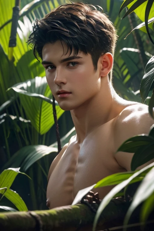 full body photorealistic shots medium close-up still of young Cody Christian as Tarzan in the jungle in a high budget film, natural light photo, Canon 85L f2. 8, ISO320, 5000K colour balance, Miki Asai Macro photography, close-up, hyper detailed, trending on artstation, sharp focus, studio photo, intricate details, highly detailed, by greg rutkowski,